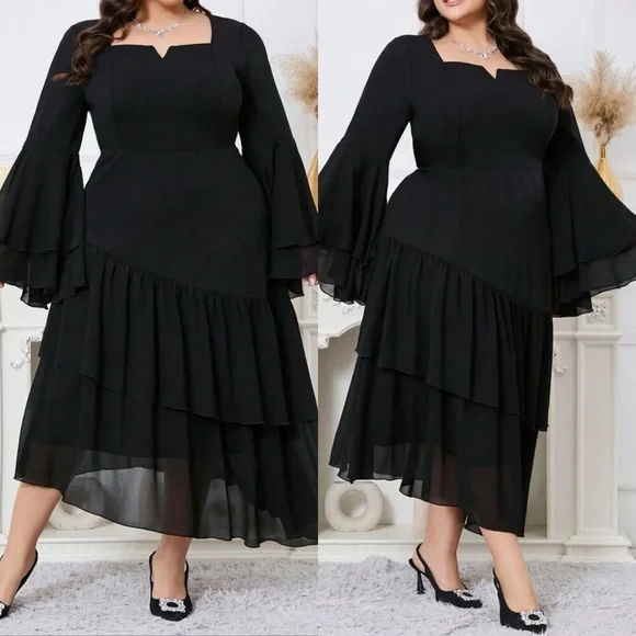 ⬇️SHEINCurve+ Black Asymmetrical Ruffled Cocktail Dress - Picture 2 of 5